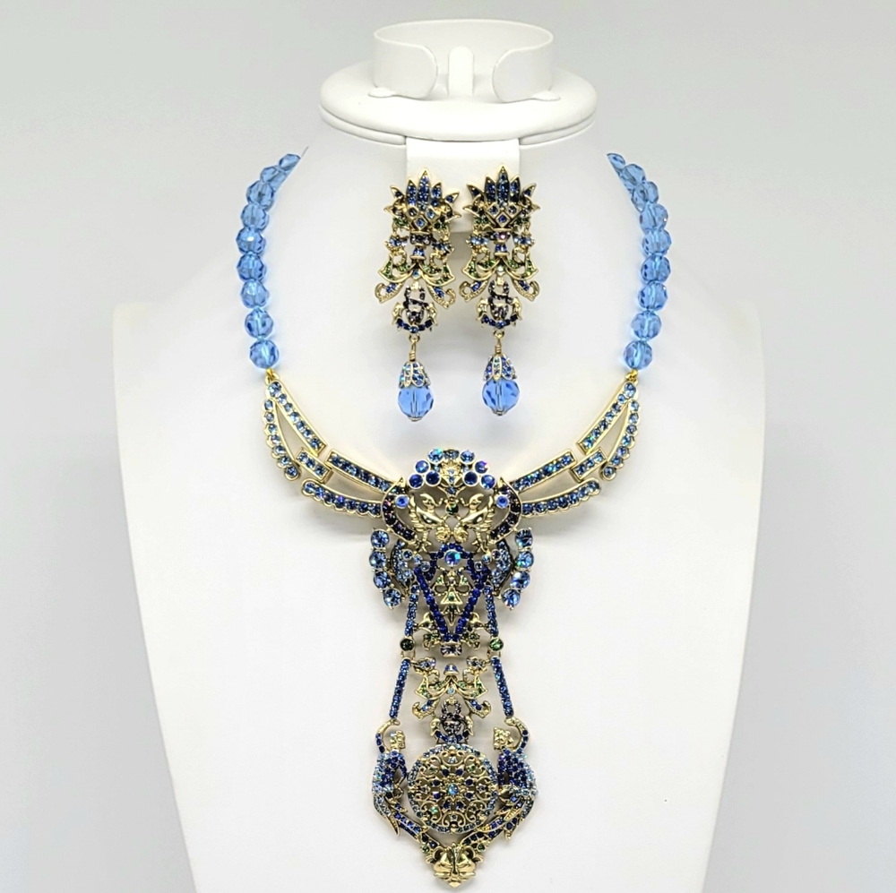 Heidi Daus Art Nouveau Blue Swarovski Crystal Statement Necklace + Earring Set